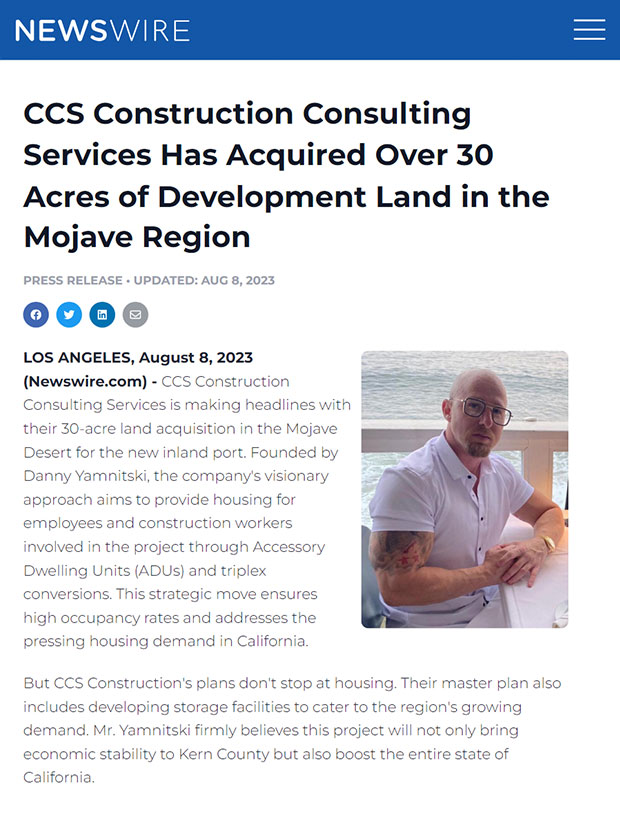 CCS Construction Consulting Services Has Acquired Over 30 Acres of Development Land in the Mojave Region